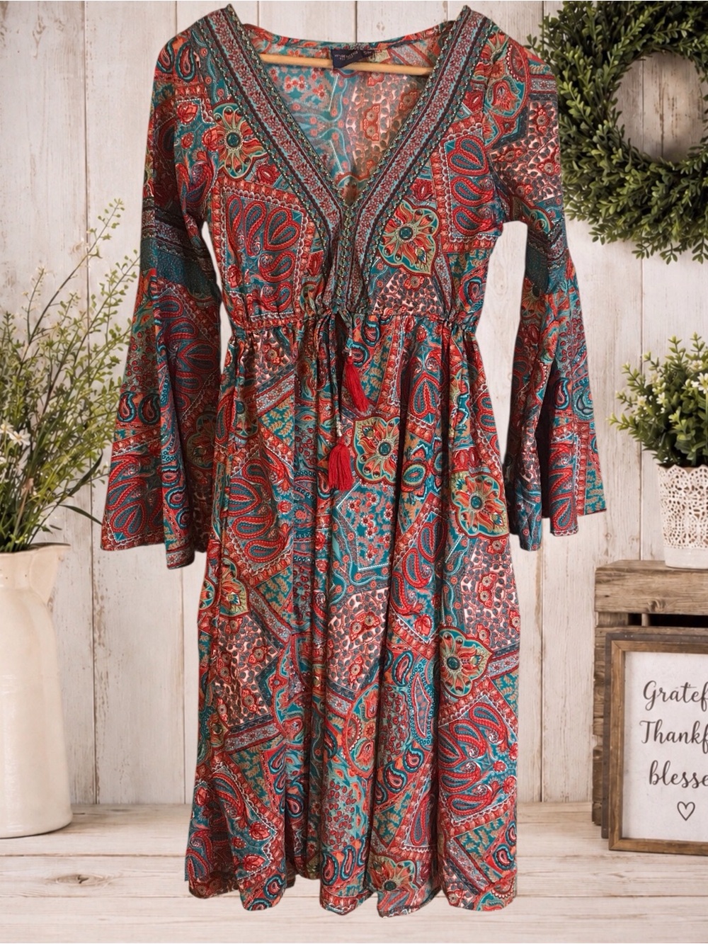 iPanima S/M Boho Midi Dress Paisley Bell Sleeve Tassel NWOT